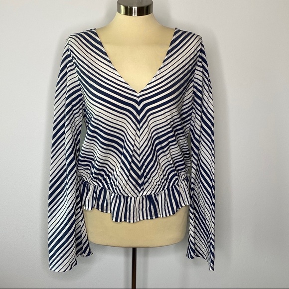 Express Navy Striped Keyhole Back Blouse - Picture 3 of 12